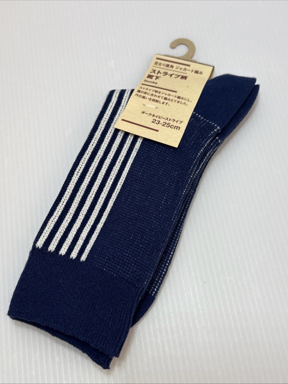 Muji x Lawson Navy Crew Socks with White Stripes